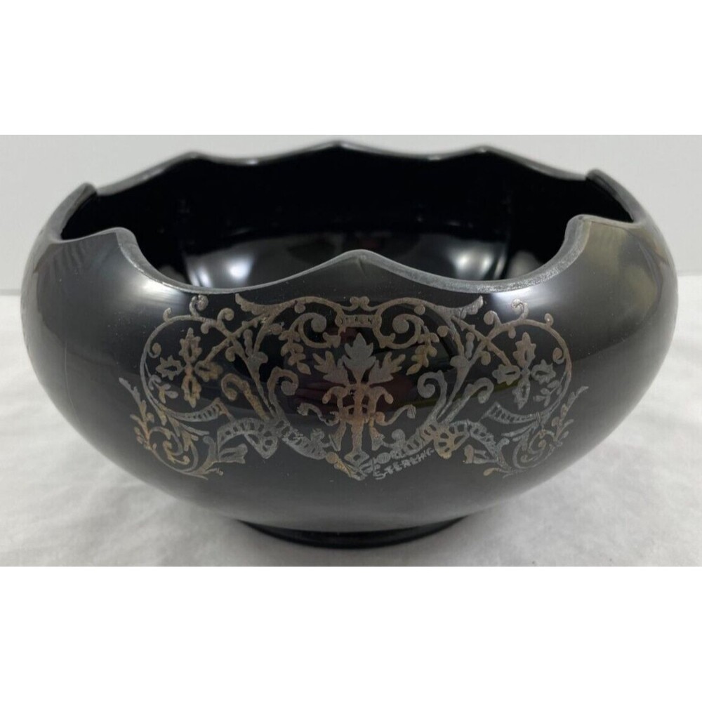 Cambridge Black Amethyst Glass Bowl Sterling Silver Marked